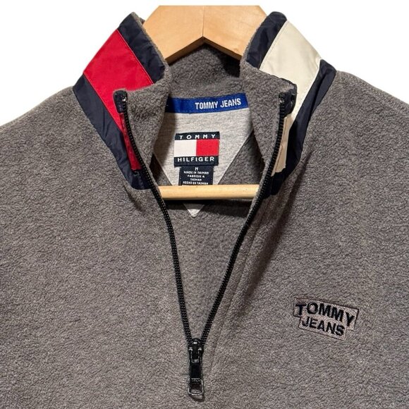 Vintage 90s Tommy Hilfiger Jeans Mens Medium Gray Fleece 1/4 Zip Sweatshirt - Picture 3 of 9